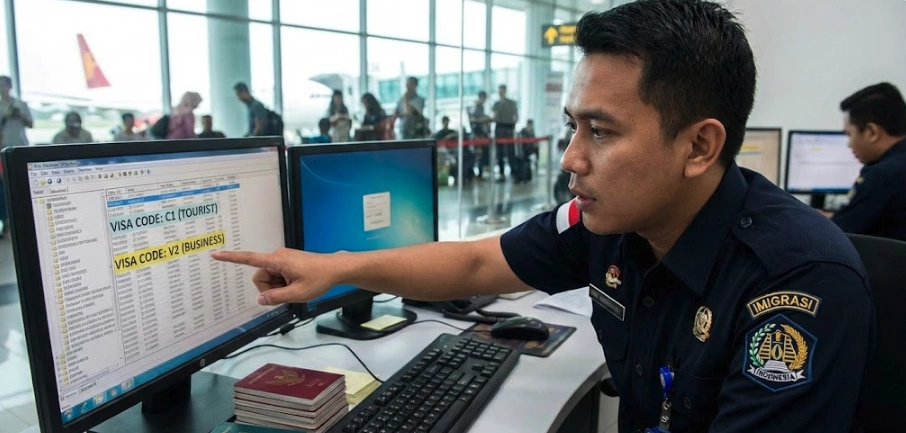 Immigration officer checking new visa codes C1 and C2 on a computer screen.