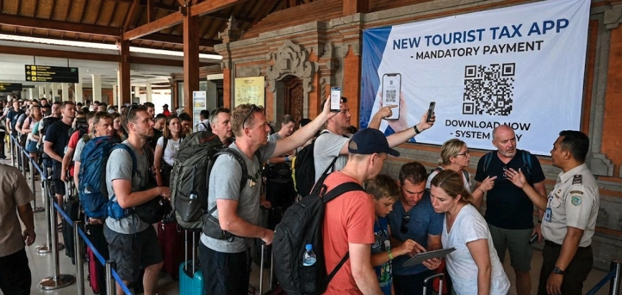 Tourists queuing at Bali airport arrival hall with confusion over the new tourist tax app.