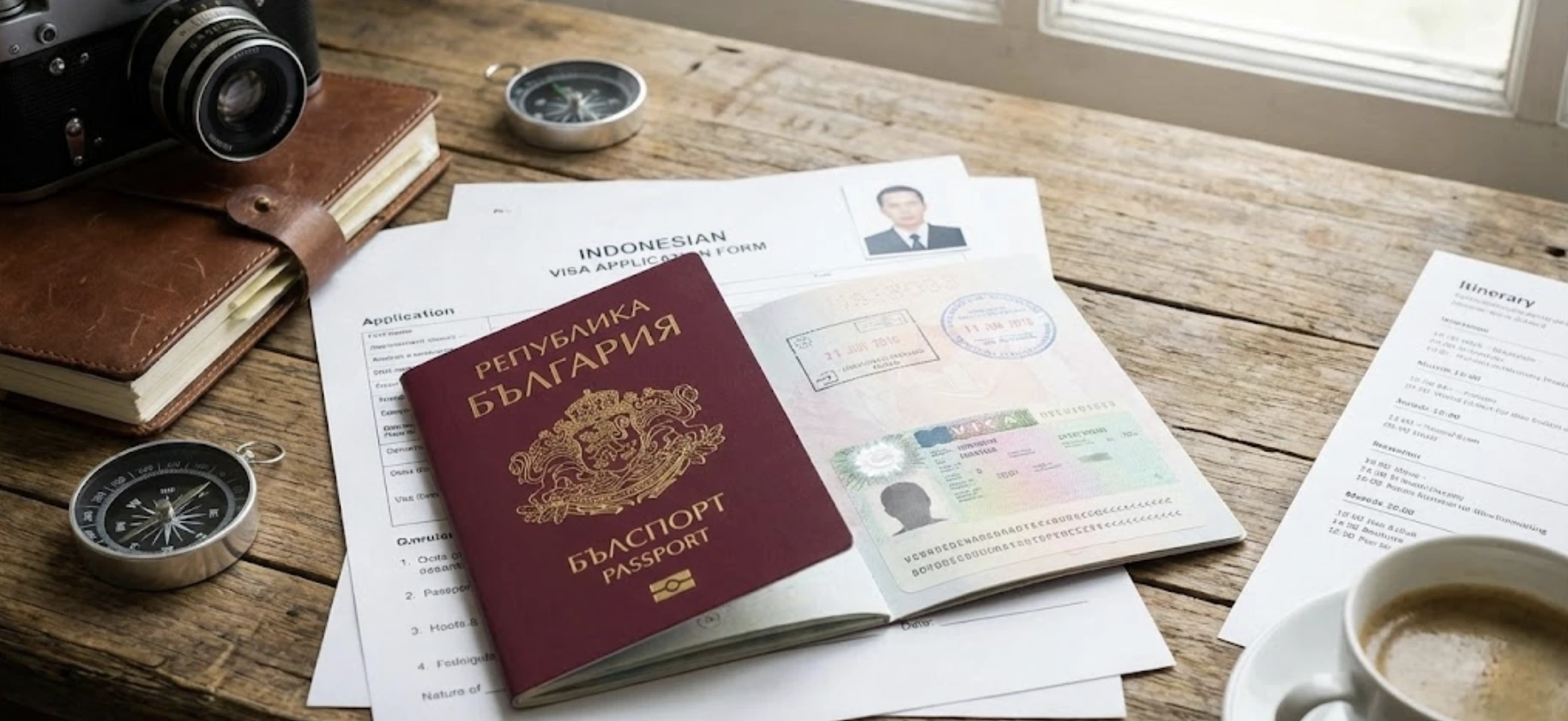 Bulgarian passport and Indonesia visa documents on a travel desk
