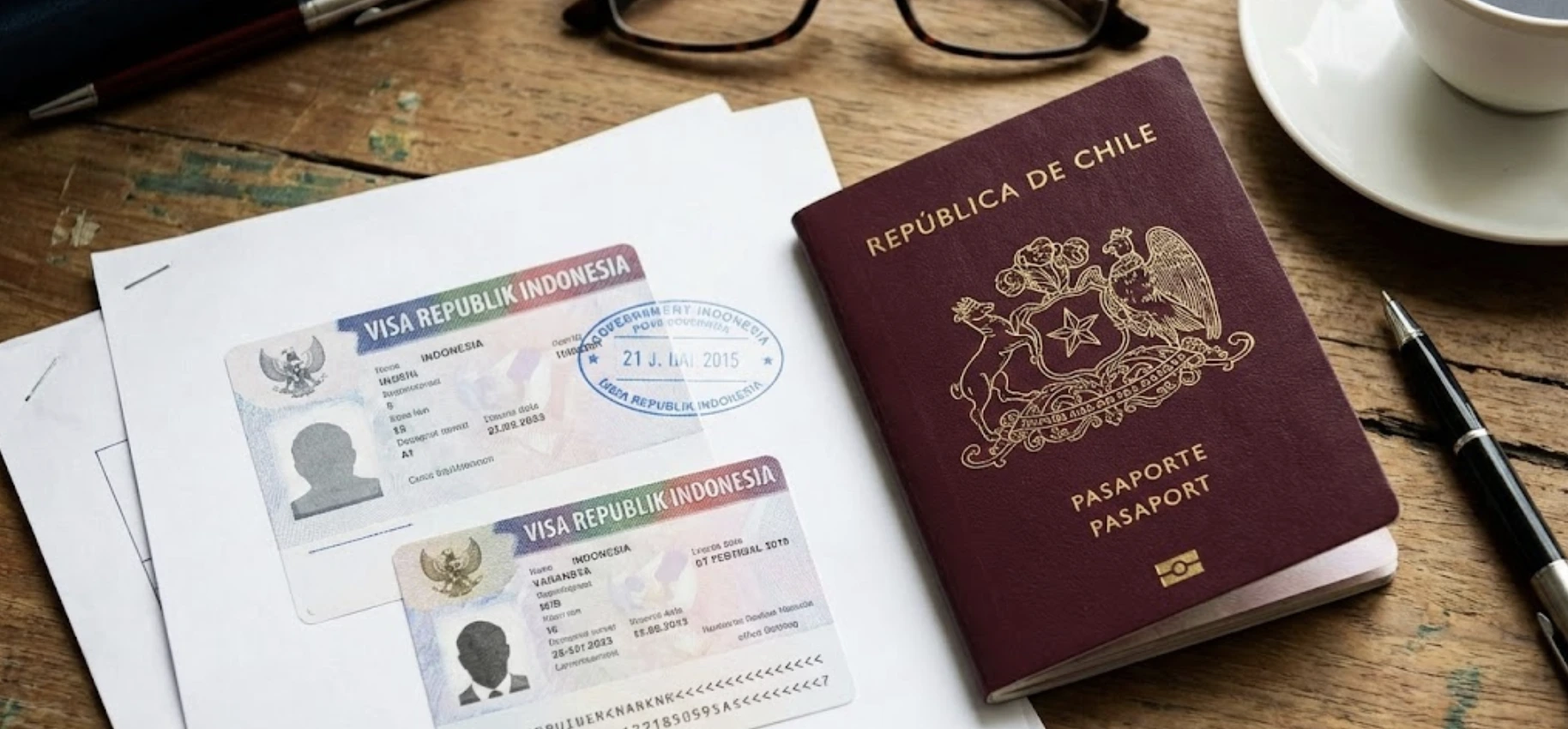 Pasaporte chileno y documentos de visa de Indonesia en un escritorio