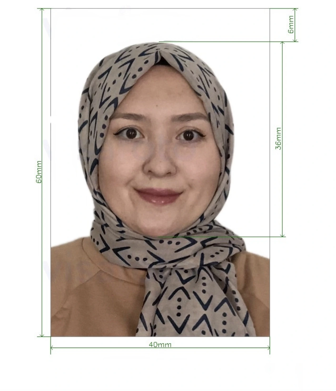 A sample ID photograph showing the correct specifications for an Indonesia visa application.
