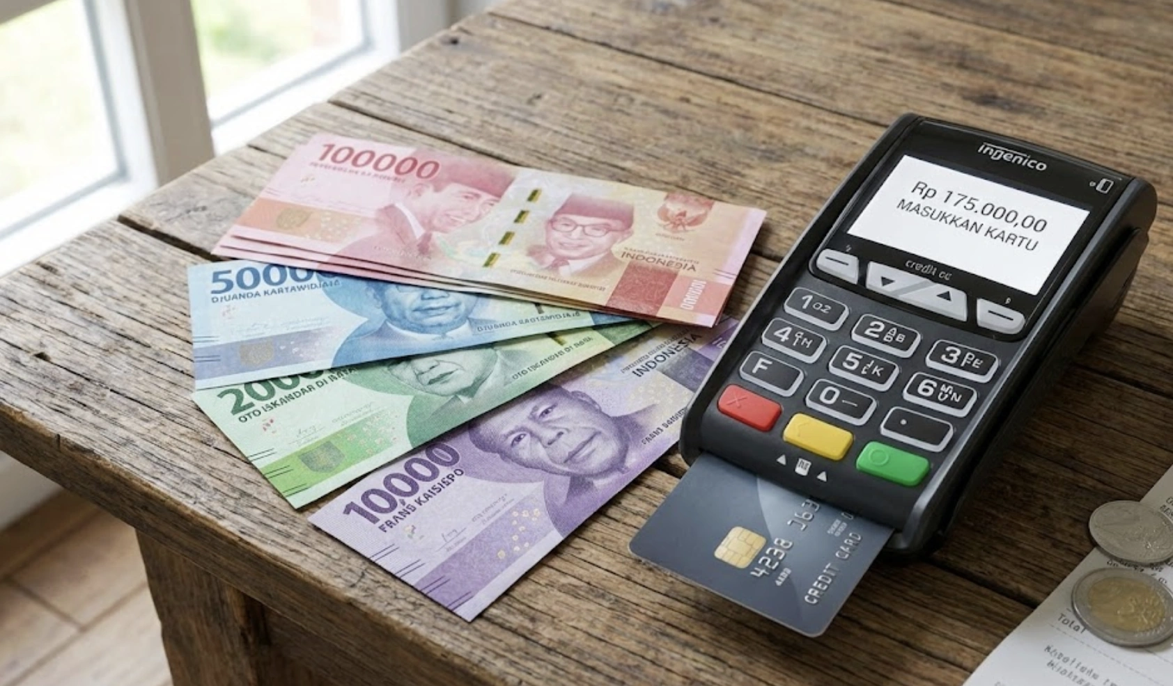 Indonesian Rupiah bank notes and a credit card terminal.