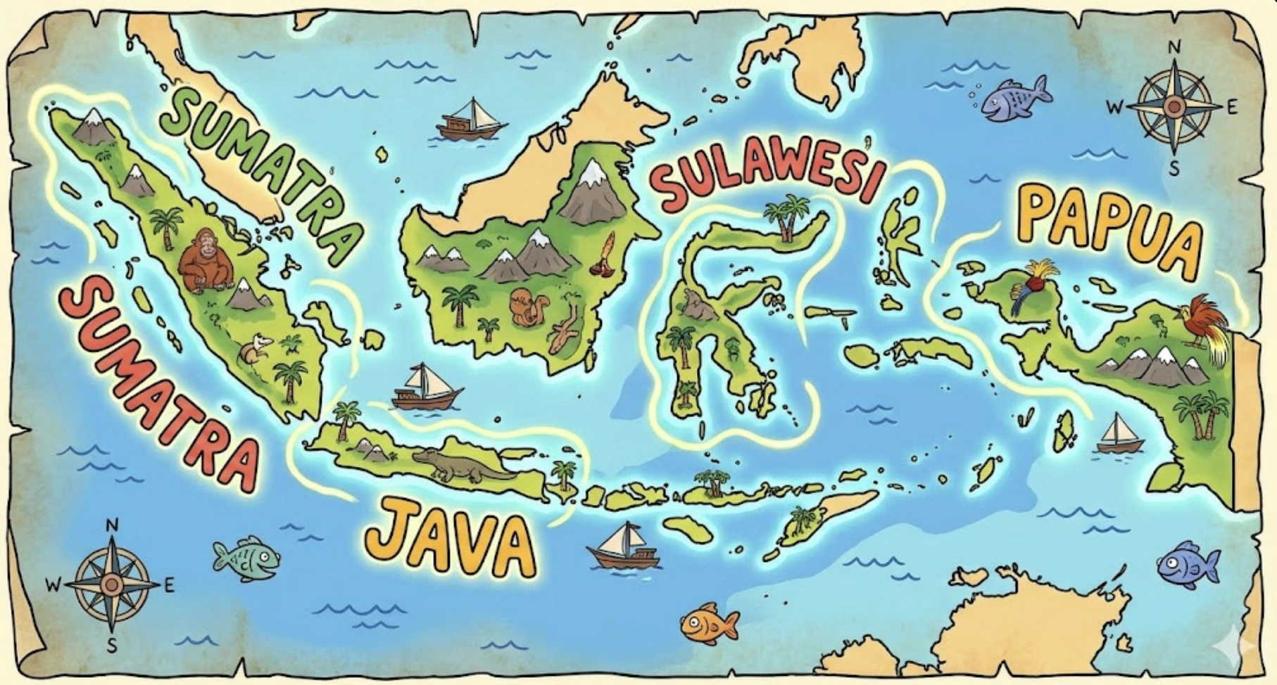 Map of Indonesia highlighting Sumatra, Java, Sulawesi, and Papua.